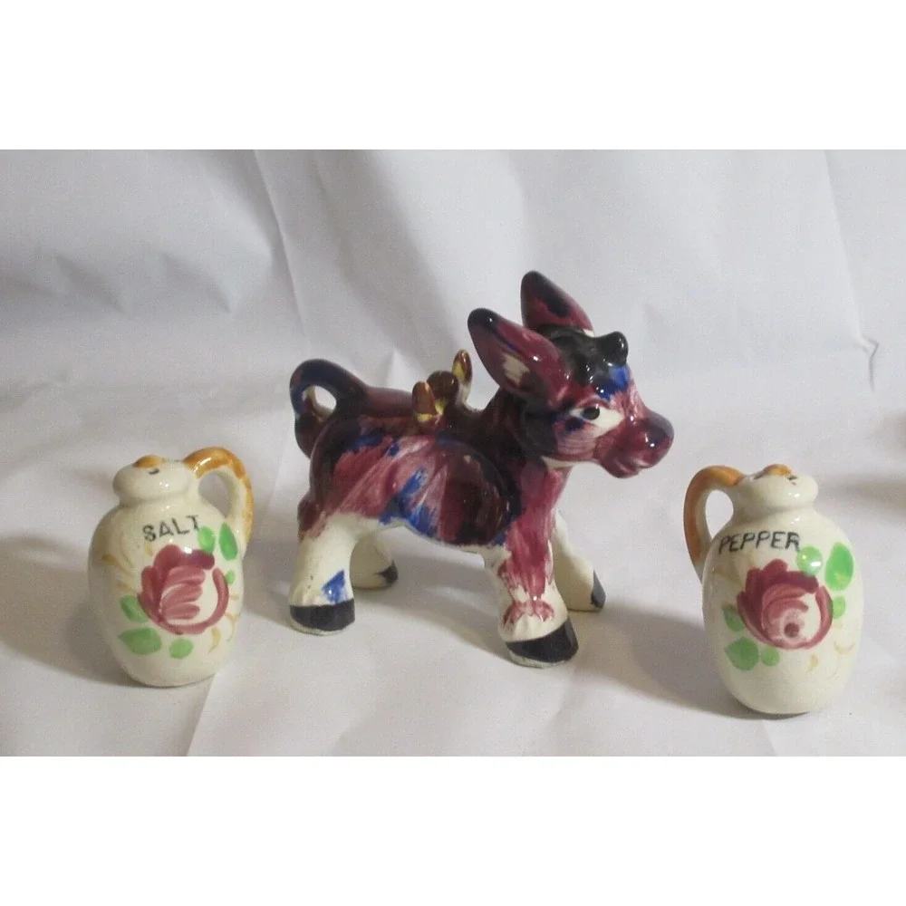 Vintage Japan Salt Pepper Shakers Donkey burro mule Painted Jugs